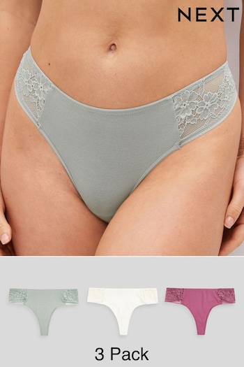Cream/Pink/Sage Green Thong Modal & Lace Knickers 3 Pack (567581) | £18