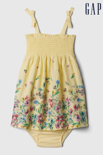 Gap Yellow Baby Linen-Cotton Blend Smocked Dress (568348) | £25