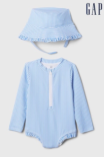 Gap Blue Stripe Rashguard Swimsuit and Hat Baby Set (Newborn-5yrs) (568446) | £30