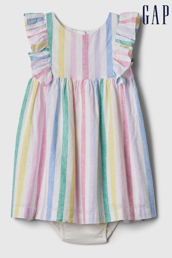 Gap White Rainbow Stripe Baby Linen-Cotton Blend Flutter Sleeve Volley Dress (Newborn-5yrs) (569026) | £25