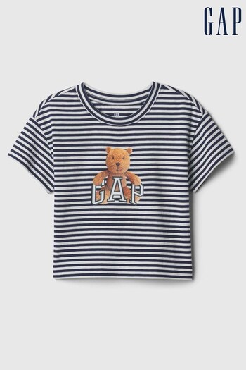 Gap Navy Blue & White Stripe Organic Cotton Brannan Bear Arch Logo Short Sleeve Crew Neck T-Shirt (Newborn-5yrs) (569232) | £10