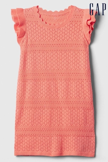 Gap Coral Pink Crochet Knitted Flutter Sleeve Dress Premium (3mths-5yrs) (569329) | £20