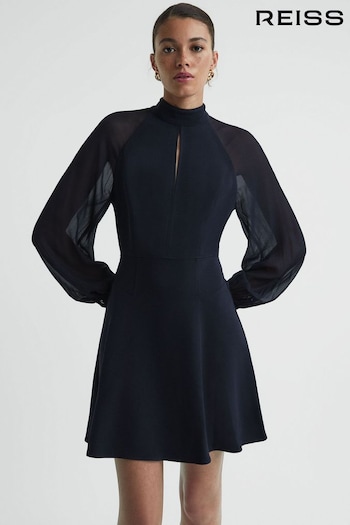 Reiss Navy Perry Sheer Blouson Sleeve Mini Dress (570001) | £228