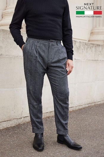 Grey Herringbone Relaxed Tapered Nova Fides Italian Fabric Trousers With Wool (570094) | £55
