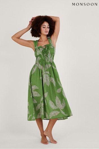 Monsoon Green Palm Spot Print Sustainable Cotton Midi Sundress Lizy (570142) | £65