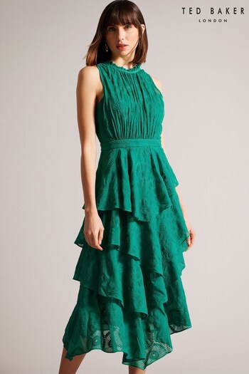 Ted Baker Green Floryah Embroidered Midi Dress With Tiered Skirt (571296) | £250