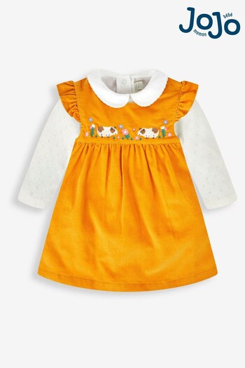 JoJo Maman Bébé Mustard Yellow Guinea Pig Girls' 2-Piece Embroidered Cord Baby Dress neri & Body Set (571571) | £29.50