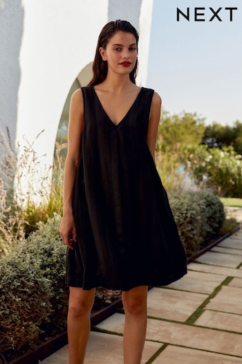 Black Linen Blend V-Neck Mini Dress (571671) | £38