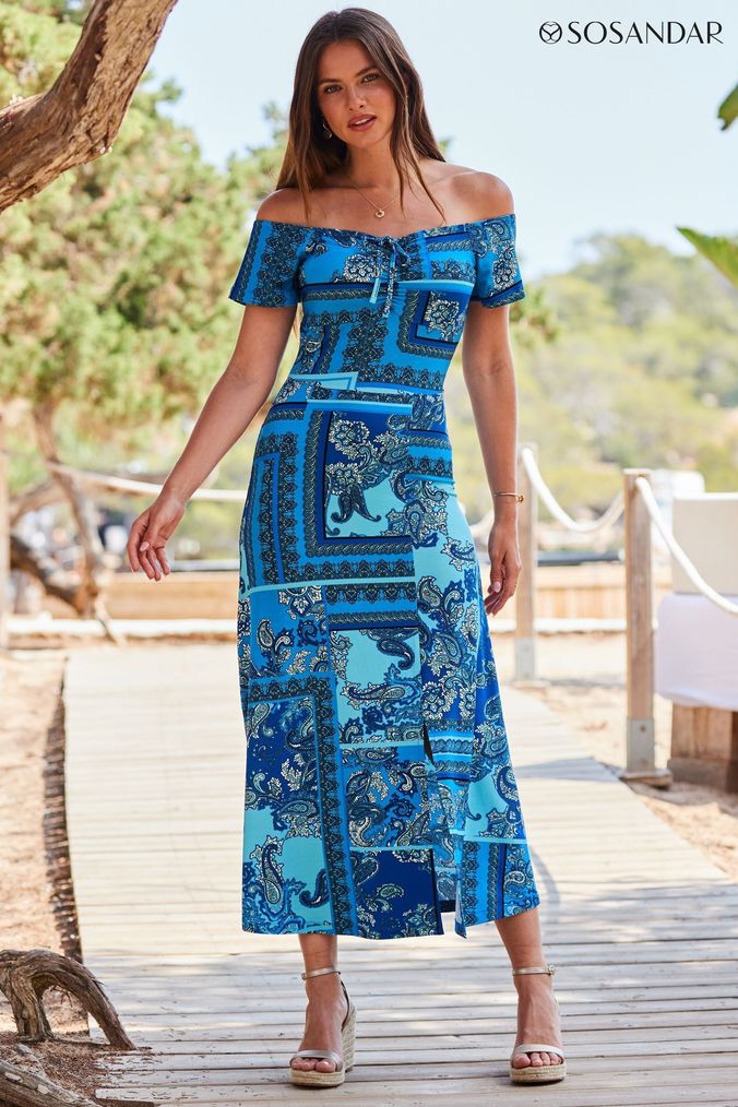 Buy Women s Blue Bardot Off Shoulder Holiday Dresses Online Next UK