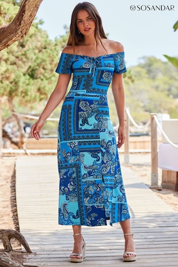 Sosandar Blue Bardot Tie Front Fit And Flare Dress (571852) | £69