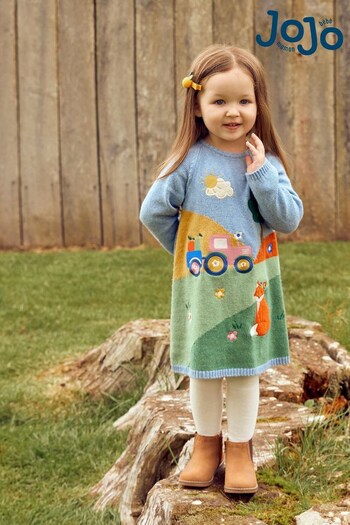 JoJo Maman Bébé Blue Farmyard Knitted Preen Dress (572572) | £32