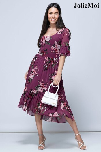 Jolie Moi Purple Maab Mesh Ruffle Sleeve Midi Dress (572675) | £75