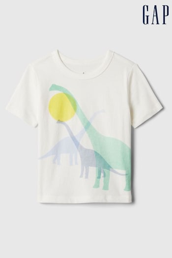 Gap White Dino Graphic Short Sleeve Crew Neck T-Shirt (Newborn-5yrs) (573590) | £8