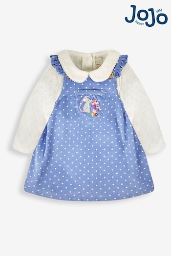 JoJo Maman Bébé Blue Girls' Mouse Embroidered Cord Baby Dress & Body Set (573688) | £29.50