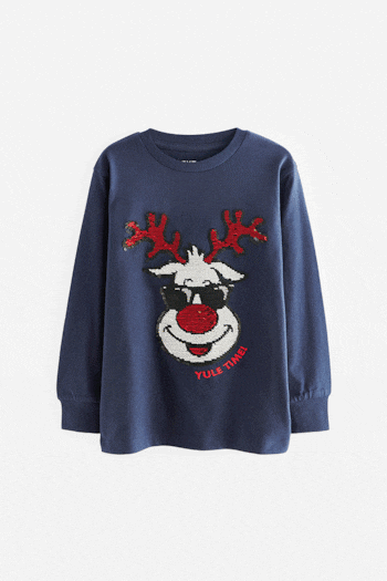 Navy Blue Reindeer Long Sleeve Flippy Sequin Christmas T-Shirt (3-16yrs) (573759) | £10 - £15