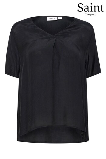 Saint Tropez Aida Short Sleeve V-Neck Black Blouse (574004) | £35