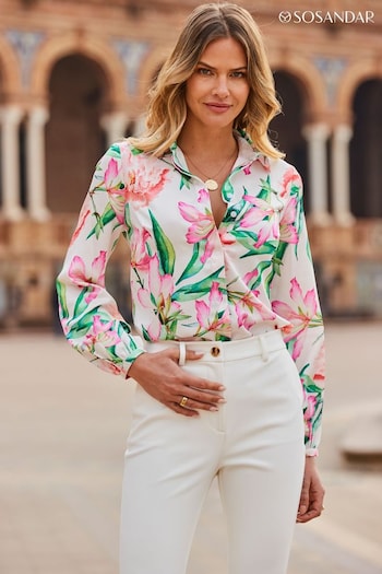 Sosandar Cream Floral Printed Blouson Sleeve Shirt (574267) | £49