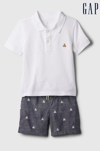Gap White Brannan Bear Baby Polo and Shorts Outfit Set (6mths-5yrs) (574621) | £30