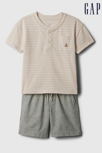 Gap Beige Brannan Bear Baby Henley T-shirt and Shorts Outfit Set (6mths-5yrs) (574706) | £30