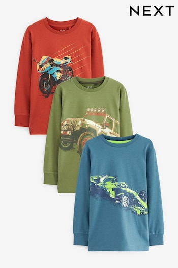 Red Motorbike/Khaki Green/Blue Racing Car Long Sleeve Graphic T-Shirts balance 3 Pack (3-14yrs) (575001) | £24 - £32