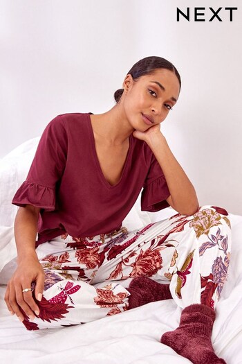 Berry Red Cotton Pyjamas with Frill Sleeves (575325) | £25