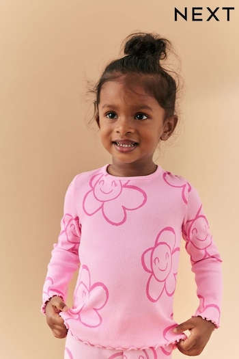 Pink Smile Flower T-Shirt Cotton Rich Long Sleeve Rib T-Shirt (3mths-7yrs) (575972) | £5 - £7