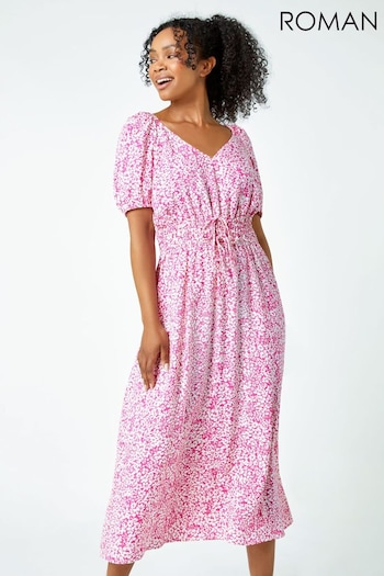 Roman Pink Petite Ditsy Floral Stretch Midi Dress (576003) | £45