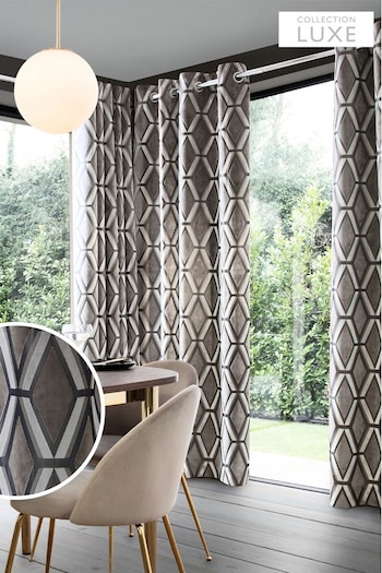 Grey Collection Luxe Heavyweight Geometric Cut Velvet Lined Eyelet Curtains (576471) | £175 - £350