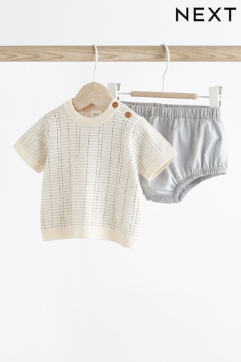 Grey/White Knitted Baby Top and Bloomer Short Set (0mths-2yrs) (576636) | £20 - £22