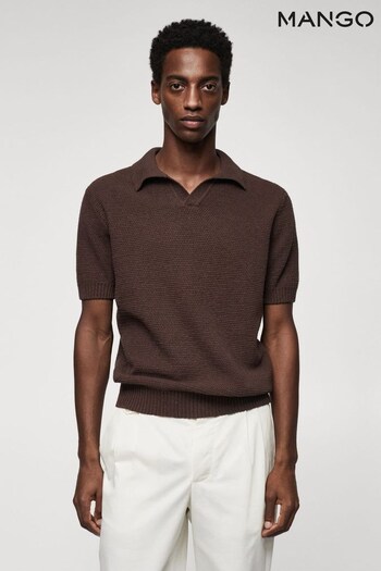 Mango Chunky Textured Knit Brown Polo Shirt (577722) | £36
