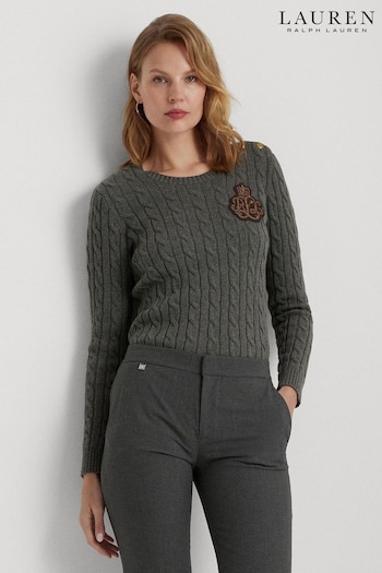 Lauren Ralph Lauren Grey Cable Knit Cotton Logo Sweater (578194) | £179