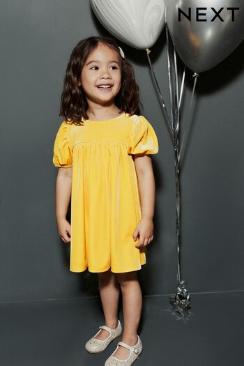 Yellow Velvet Puff Sleeve Party Dress (3mths-10yrs) (578603) | £13 - £16