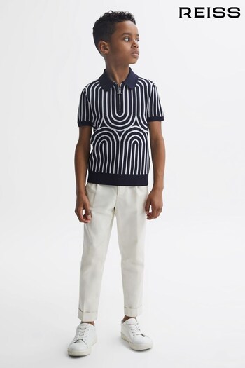 Reiss Navy/White Maycross Junior Half-Zip Striped Polo T-Shirt (578621) | £38