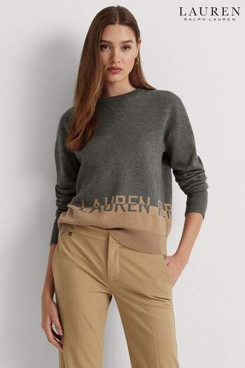 Lauren Ralph Lauren Grey Logo Jacquard Cotton Blend Jumper (578763) | £219