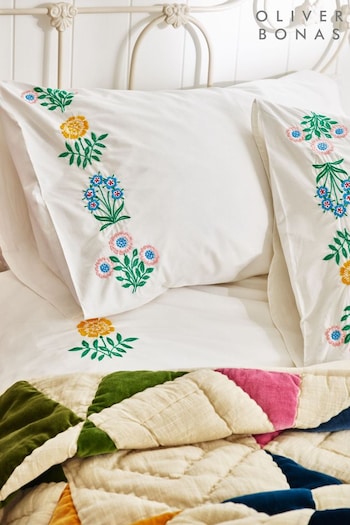 Oliver Bonas White Scattered Embroidered Flower White Double Bed Linen (579985) | £78