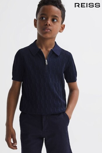 Reiss Navy Ubud Junior Half-Zip Textured Polo T-Shirt (580164) | £38