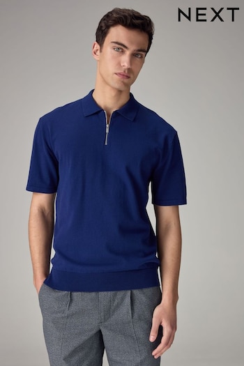 Cobalt Blue Knitted Regular Fit Zip Polo Cropped Shirt (580652) | £24