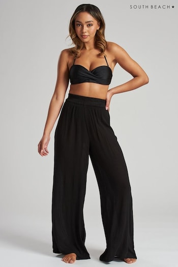 South Beach Black Crinkle Vicose Wide Leg Trousers (580829) | £22