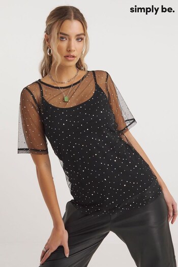 Simply Be Sparkle Mesh Overlay Black Top (581008) | £22
