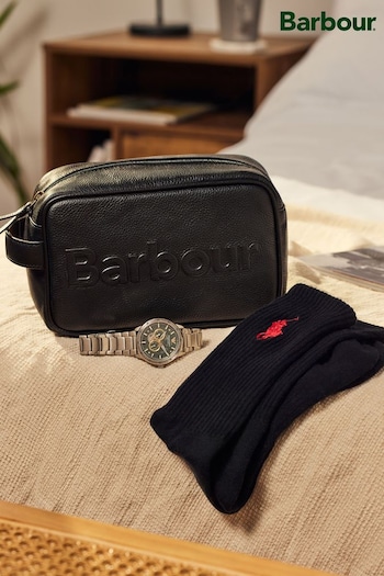 Barbour® Black Leather Logo Washbag (581324) | £75