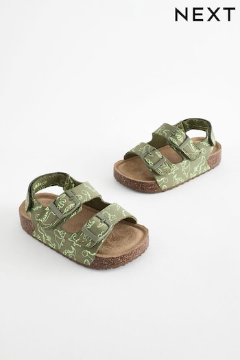 Green Dinosaur Print Standard Fit (F) Double Buckle Cushioned Footbed Sandals Light (581351) | £14 - £17
