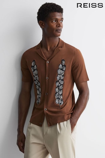 Reiss Tobacco Script Embroidered Cuban Collar Button Through T-Shirt (581422) | £128
