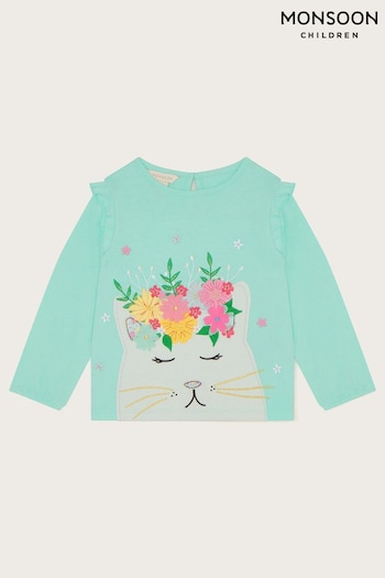 Monsoon Baby Green Floral Cat Long Sleeve Top (581621) | £17 - £21