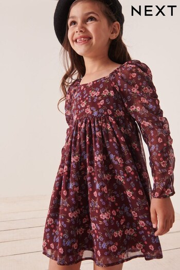 Chocolate Brown Floral Ruched Sleeve Chiffon Dress (3-16yrs) (581830) | £25 - £31