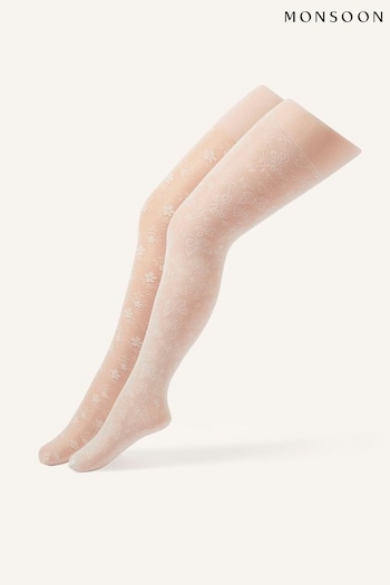 Monsoon Natural Floral Lace Tights 2 Pack (581993) | £17 - £18