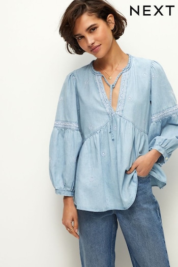Blue Embroidered Tie Neck Blouse (582803) | £42