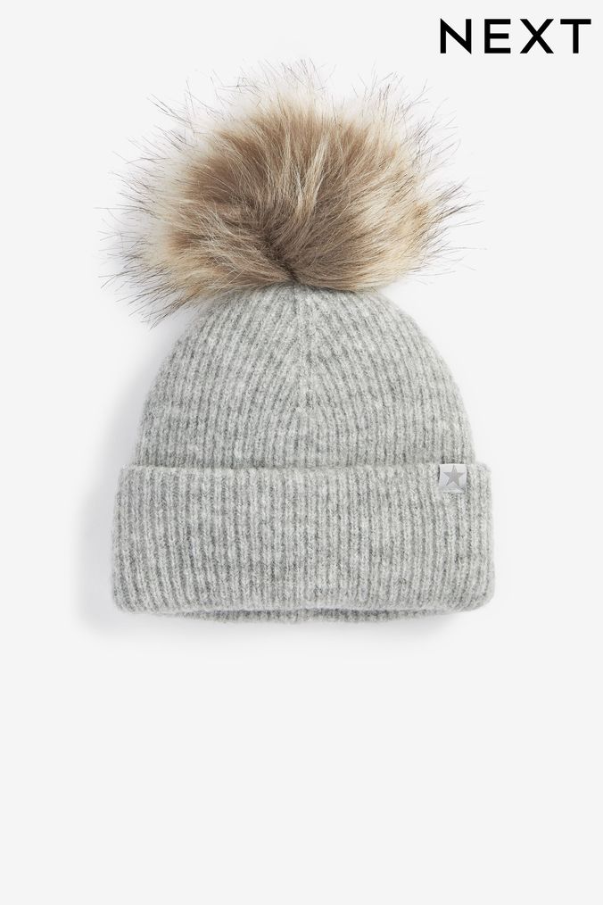 Girls Grey Hats Grey Knitted Bobble Pom Pom Hats Next