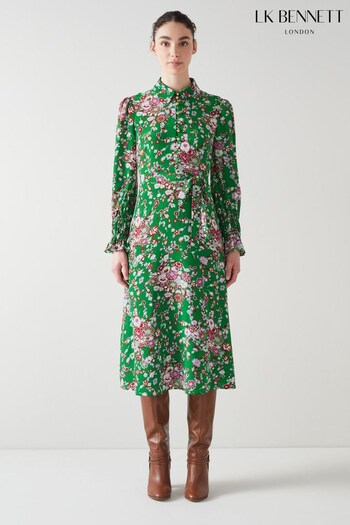 LK Bennett Green Rita Naive Floral Print Silk Dress (583959) | £429