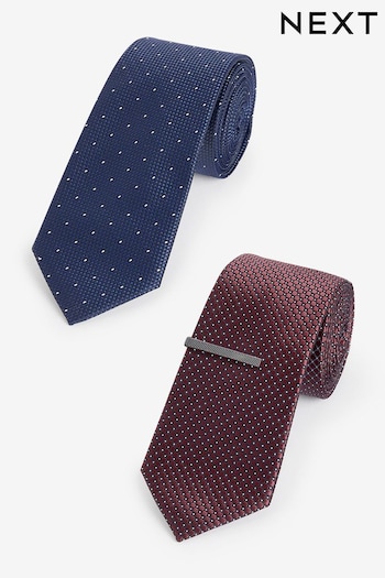 Navy Blue/Rust Brown Polka Dot Textured Tie With Tie Clips 2 Pack (584499) | £20