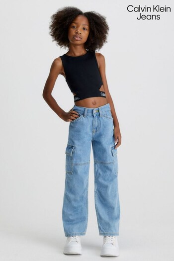 Calvin Klein Jeans Girls Logo Tape Punto Cut Out Black Top (584552) | £40